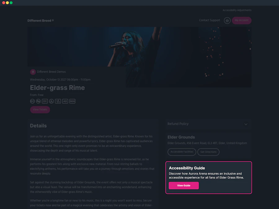 A screenshot of the Elder Grass Rime event page. A highlighted box on the right links to the Elder Grass Rime Accessibility Guide, with a button labeled "View Guide" and a description reading, "Discover how Aurora Arena ensures an inclusive and accessible experience for all fans of Elder Grass Rime."